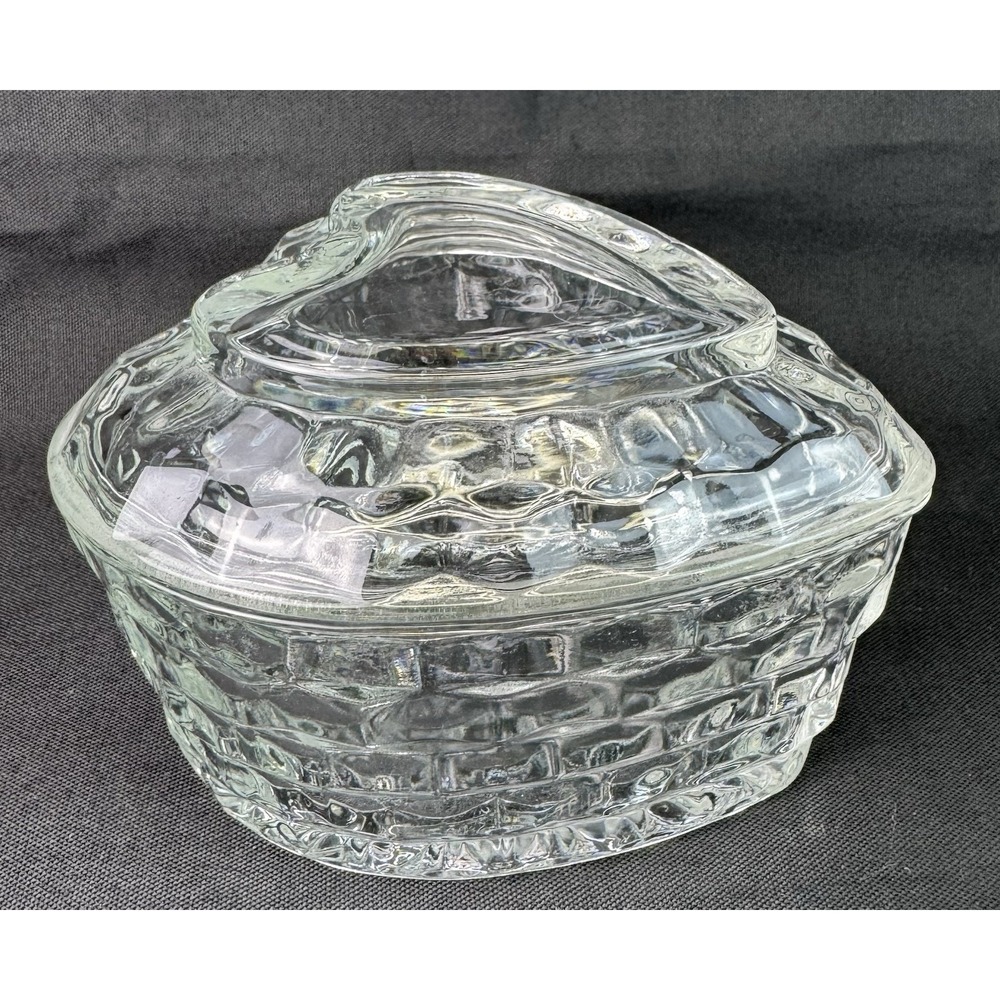 Vintage Homco Made In USA Heart Shaped Heavy Glass Candy Dish With Lid